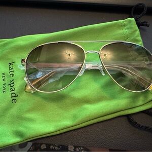 Kate Spade Emmaline Silver Aviator Sunglasses with Green Pouch New